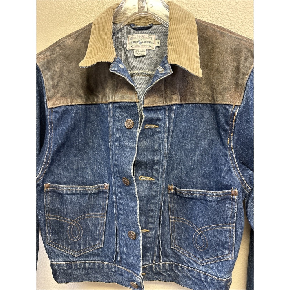 Vtg Ralph‎ Lauren Dungarees Denim Jacket M Cropped Corduroy Leather Accents - Picture 5 of 12